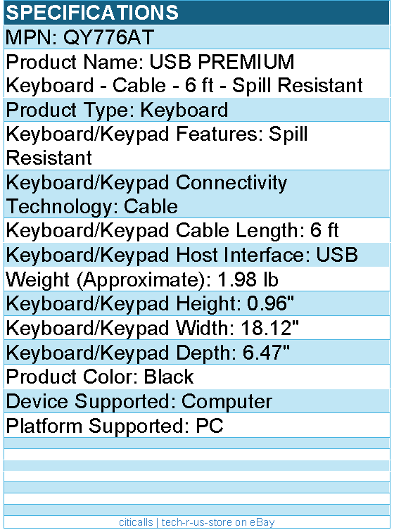 HPI QY776AT USB PREMIUM Keyboard - Cable - 6 ft - Spill Resistant - Black