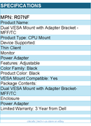 Dell R07NF CPU Mount for Thin Client, Monitor, Power Adapter - Black