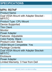 Dell R07NF CPU Mount for Thin Client, Monitor, Power Adapter - Black