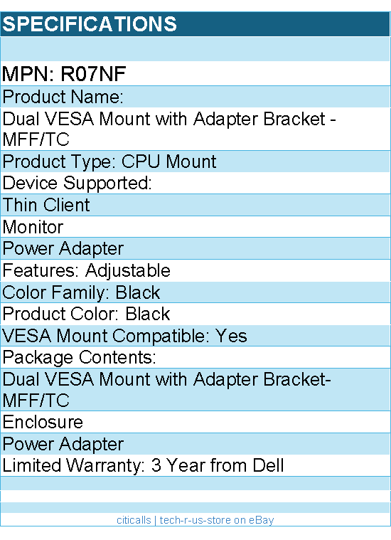Dell R07NF CPU Mount for Thin Client, Monitor, Power Adapter - Black