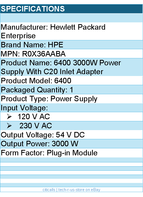 HPE R0X36A#ABA 6400 3000W Power Supply With C20 Inlet Adapter