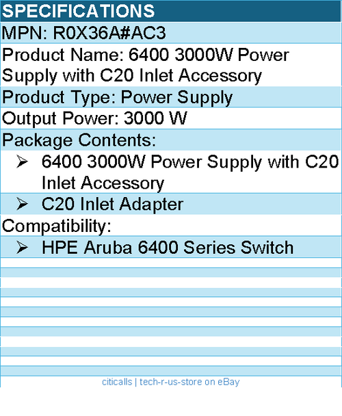 HPE R0X36A#AC3 6400 3000W Power Supply with C20 Inlet Accessory - 3000 W