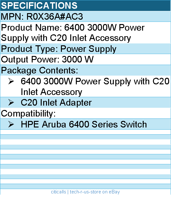 HPE R0X36A#AC3 6400 3000W Power Supply with C20 Inlet Accessory - 3000 W