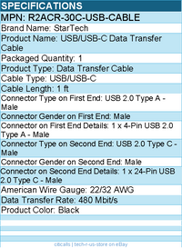 StarTech R2ACR-30C-USB-CABLE 12in USB A to C Charging Cable Right Angle