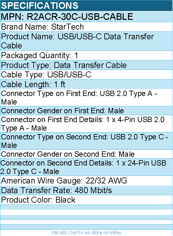 StarTech R2ACR-30C-USB-CABLE 12in USB A to C Charging Cable Right Angle