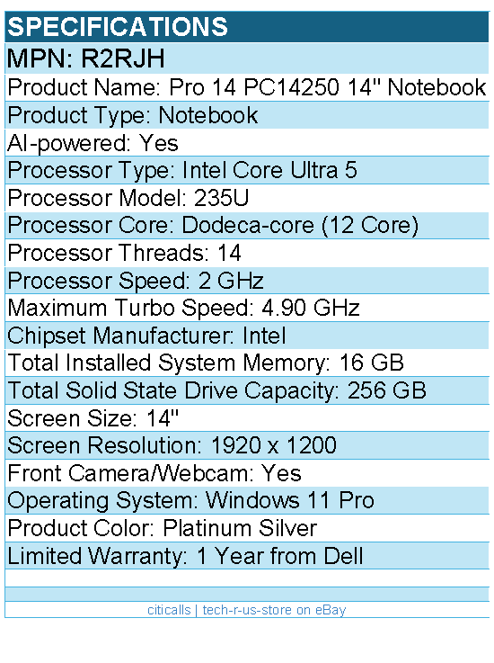 Dell R2RJH Pro 14 PC14250 14" Notebook - Full HD Plus - Intel Core Ultra 5