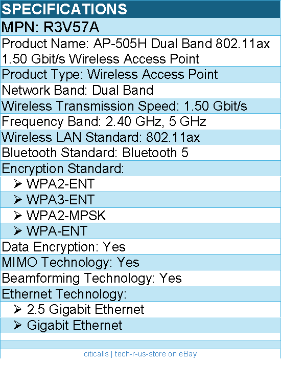 HPE R3V57A AP-505H Dual Band 802.11ax 1.50 Gbit/s Wireless Access Point