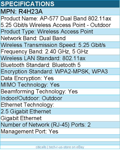 HPE R4H23A AP-577 Dual Band 802.11ax 5.25 Gbit/s Wireless Access Point - Outdoor