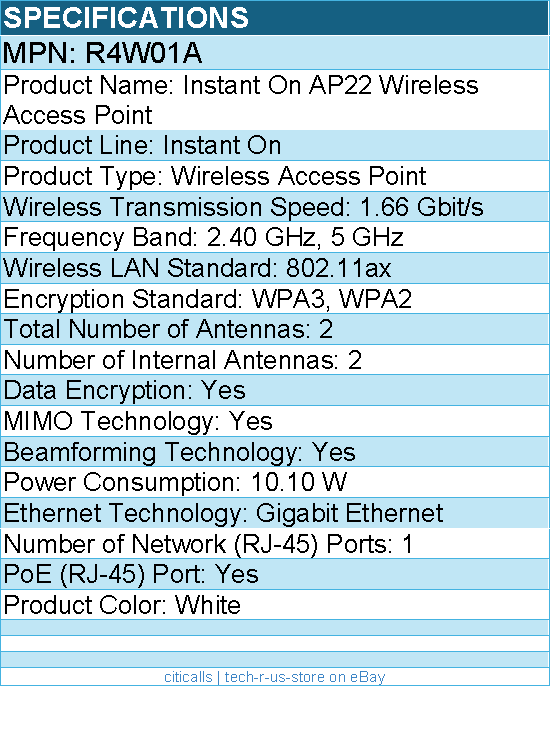 HPE R4W01A Instant On 802.11ax 1.66 Gbit/s Wireless Access Point - 10.10 W