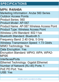HPE R4W49A AP-567 802.11ax 1.73 Gbit/s Wireless Access Point