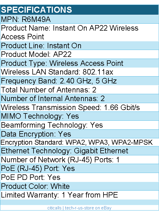 HPE R6M49A Instant On AP22 802.11ax 1.66 Gbit/s Wireless Access Point
