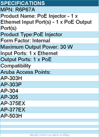 HPE R6P67A PoE Injector - 1 x Ethernet Input Port - 1 x PoE Output Port - 30 W