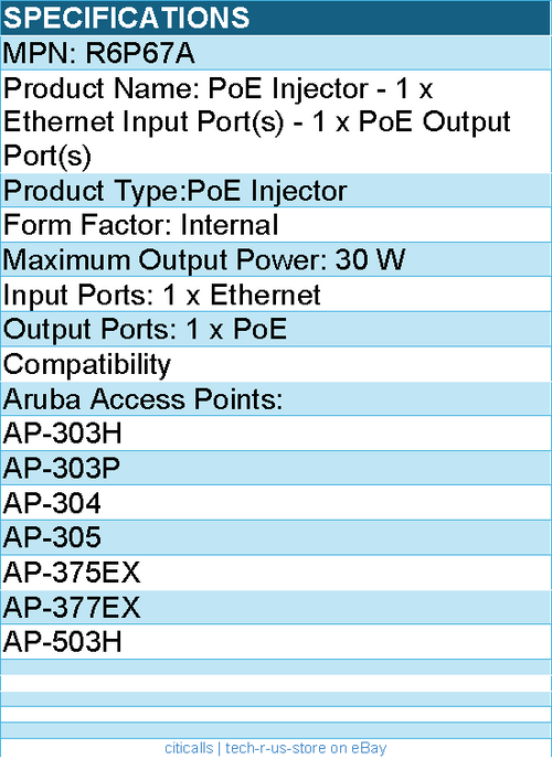 HPE R6P67A PoE Injector - 1 x Ethernet Input Port - 1 x PoE Output Port - 30 W