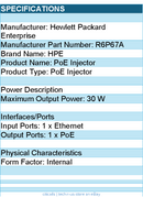 HPE R6P67A PoE Injector - 1 x Ethernet Input Port(s) - 1 x PoE Output Port(s)