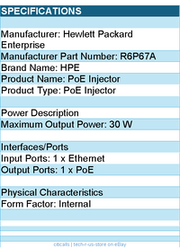 HPE R6P67A PoE Injector - 1 x Ethernet Input Port(s) - 1 x PoE Output Port(s)