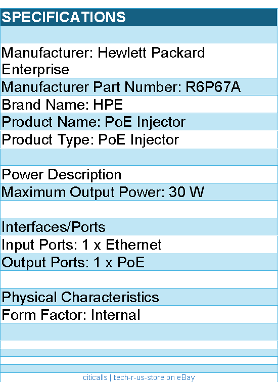 HPE R6P67A PoE Injector - 1 x Ethernet Input Port(s) - 1 x PoE Output Port(s)