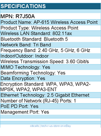 HPE R7J50A AP-615 Tri Band 802.11ax 3.60 Gbit/s Wireless Access Point - Indoor