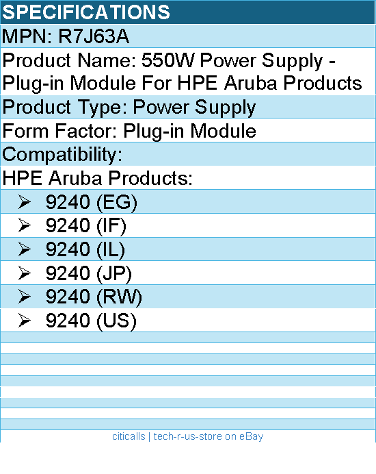 HPE R7J63A 550W Power Supply - Plug-in Module For HPE Aruba Products: 9240 (EG)