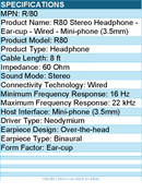 Koss R80 Stereo Headphone - Ear-cup - Wired - Mini-phone (3.5mm) - 8 ft