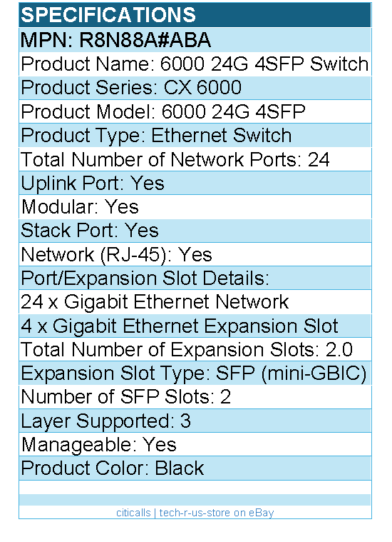 HPE R8N88A#ABA 6000 24G 4SFP Switch - 24 Ports - Manageable - Gigabit Ethernet