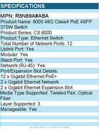 HPE R8N89A#ABA 6000 48G Class4 PoE 4SFP 370W Ethernet Switch - 12 Ports