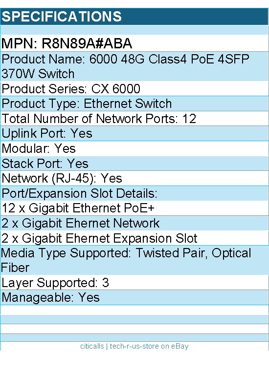 HPE R8N89A#ABA 6000 48G Class4 PoE 4SFP 370W Ethernet Switch - 12 Ports