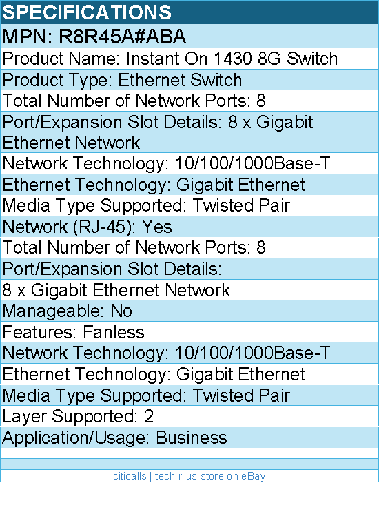 HPE R8R45A#ABA Instant On 1430 8G Switch - 8 Ports - Gigabit Ethernet - 2 Layer