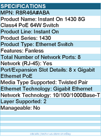HPE R8R46A#ABA Instant On 1430 8G Class4 PoE 64W Switch - 8 Ports