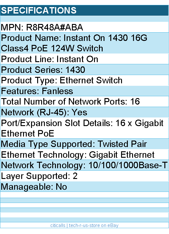 HPE R8R48A#ABA Instant On 1430 16G Class4 PoE 124W Ethernet Switch - 16 Ports