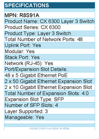 HPE R8S91A CX 6300 Layer 3 Switch - 48 Ports - Manageable - 1U - Rack-mountable