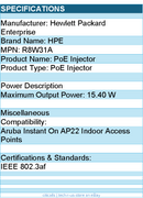 HPE R8W31A PoE Injector - 15.40 W for Aruba Instant On AP22 Indoor Access Points