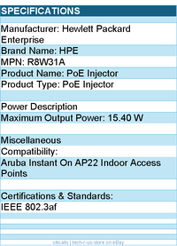 HPE R8W31A PoE Injector - 15.40 W for Aruba Instant On AP22 Indoor Access Points