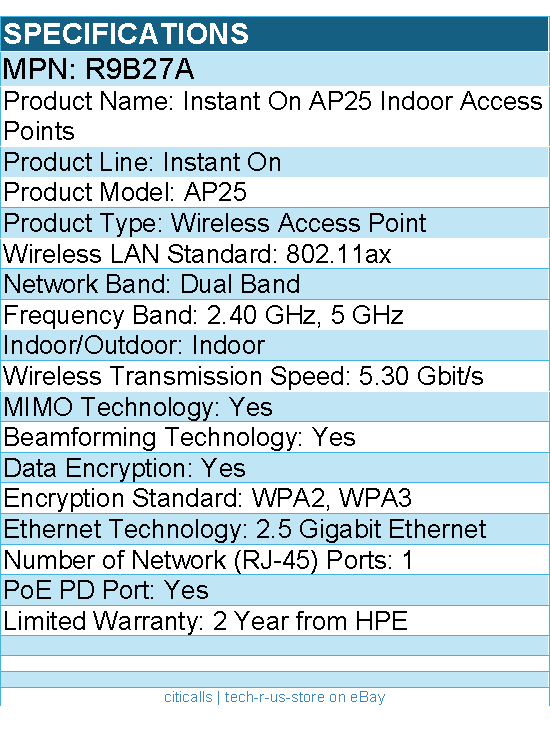 HPE R9B27A Instant On AP25 Dual Band 802.11ax 5.30 Gbit/s Wireless Access Point