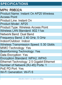 HPE R9B32A Instant On DualBand Wi-Fi 6 802.11ax 5.30Gbit/s Wireless Access Point