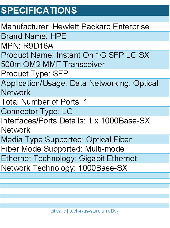 HPE R9D16A Instant On 1G SFP LC SX 500m OM2 MMF Transceiver -For Data Networking
