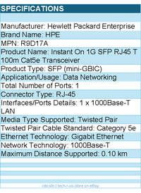 HPE R9D17A Instant On 1G SFP RJ45 T 100m Cat5e Transceiver - For Data Networking