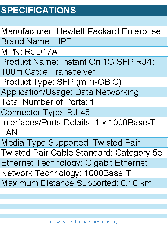 HPE R9D17A Instant On 1G SFP RJ45 T 100m Cat5e Transceiver - For Data Networking