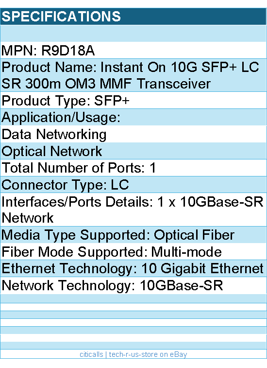 HPE R9D18A Instant On 10G SFP+ LC SR 300m OM3 MMF Transceiver