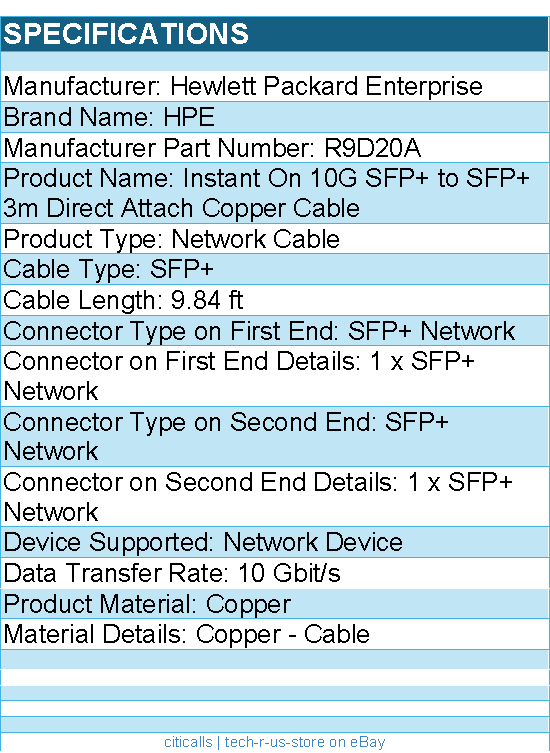 HPE R9D20A Instant On 10G SFP+ to SFP+ 3m Direct Attach Copper Cable