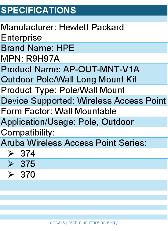 HPE R9H97A Pole/Wall Mount for Aruba Wireless Access Point Series 374, 375, 370