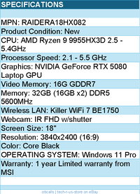 MSI RAIDERA18HX082 Raider A18 HX A9WIG-082US 18" UHD+ Gaming Laptop