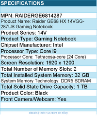 MSI RAIDERGE6814287 Raider GE68 HX 14VGG-287US 16" Gaming Notebook