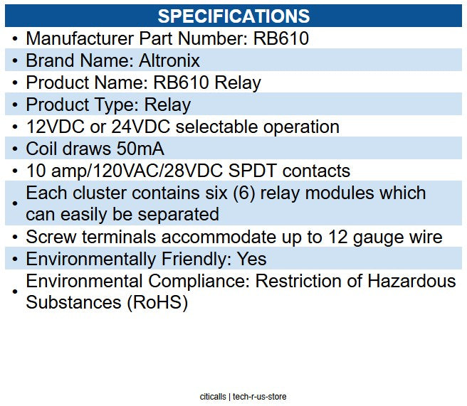 Altronix RB610 Relay Module, Breakaway, 6 - 12/24VDC, SPDT @ 10A - 120VAC/28VDC