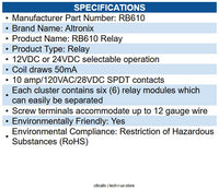 Altronix RB610 Relay Module, Breakaway, 6 - 12/24VDC, SPDT @ 10A - 120VAC/28VDC