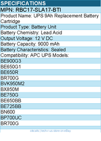BTI RBC17-SLA17-BTI UPS 9Ah Replacement Battery Cartridge - 12 V DC