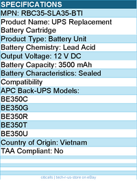 BTI RBC35-SLA35-BTI UPS Replacement Battery Cartridge - 12 V DC for APC Back-UPS