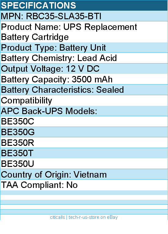 BTI RBC35-SLA35-BTI UPS Replacement Battery Cartridge - 12 V DC for APC Back-UPS
