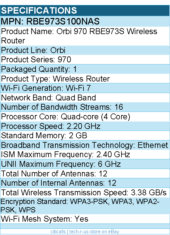 Netgear RBE973S-100NAS Orbi RBE973S Wi-Fi 7 - Ethernet Wireless Router