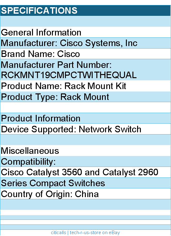 Cisco RCKMNT19CMPCTWITHEQUAL Rack Mount Kit - 3560 & 2960 Series Switches