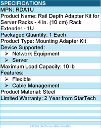StarTech RDA1U Rail Depth Adapter Kit for Server Racks - 4 in. Rack Extender